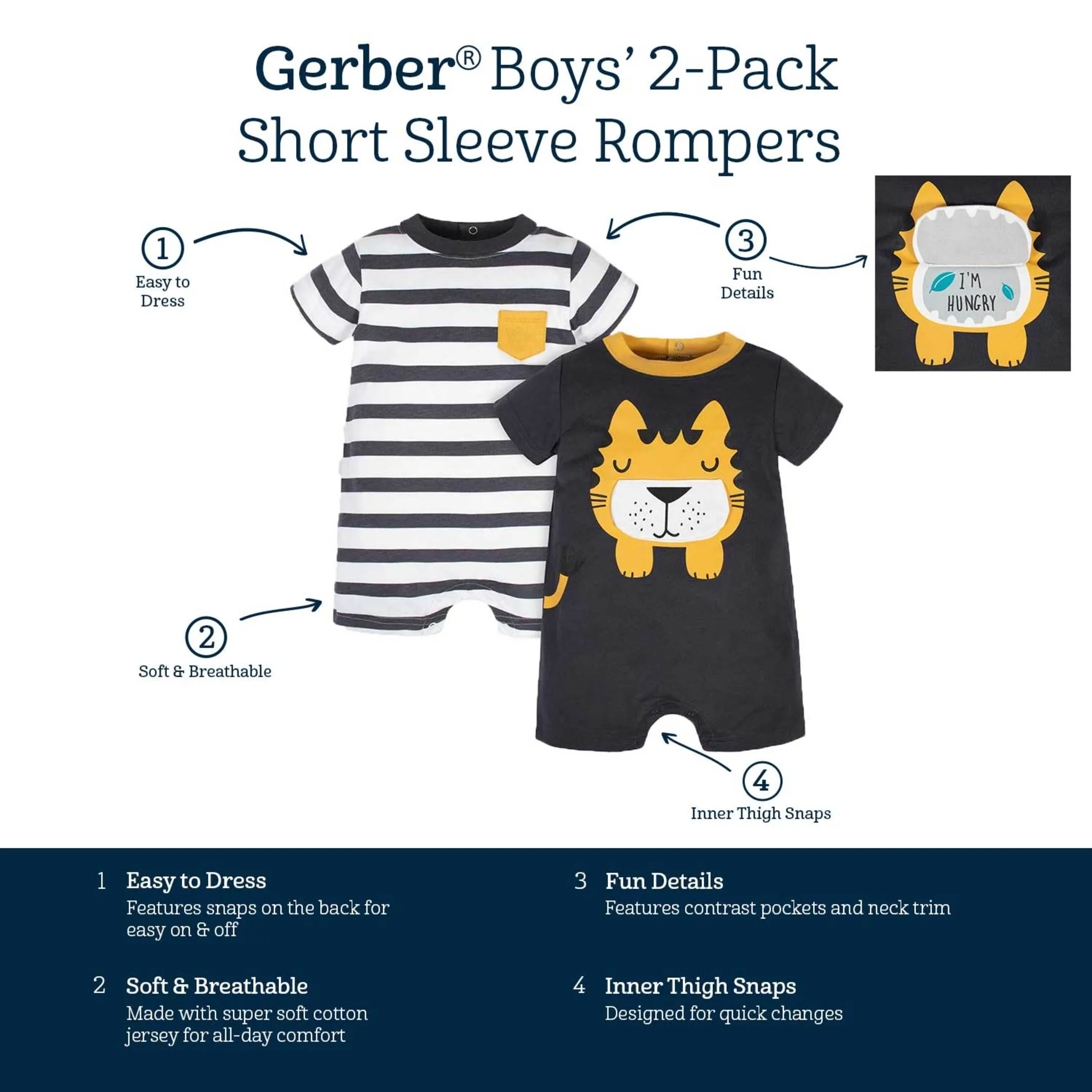 2-Pack Infant Boys Tiger Rompers with Wild Heart Theme