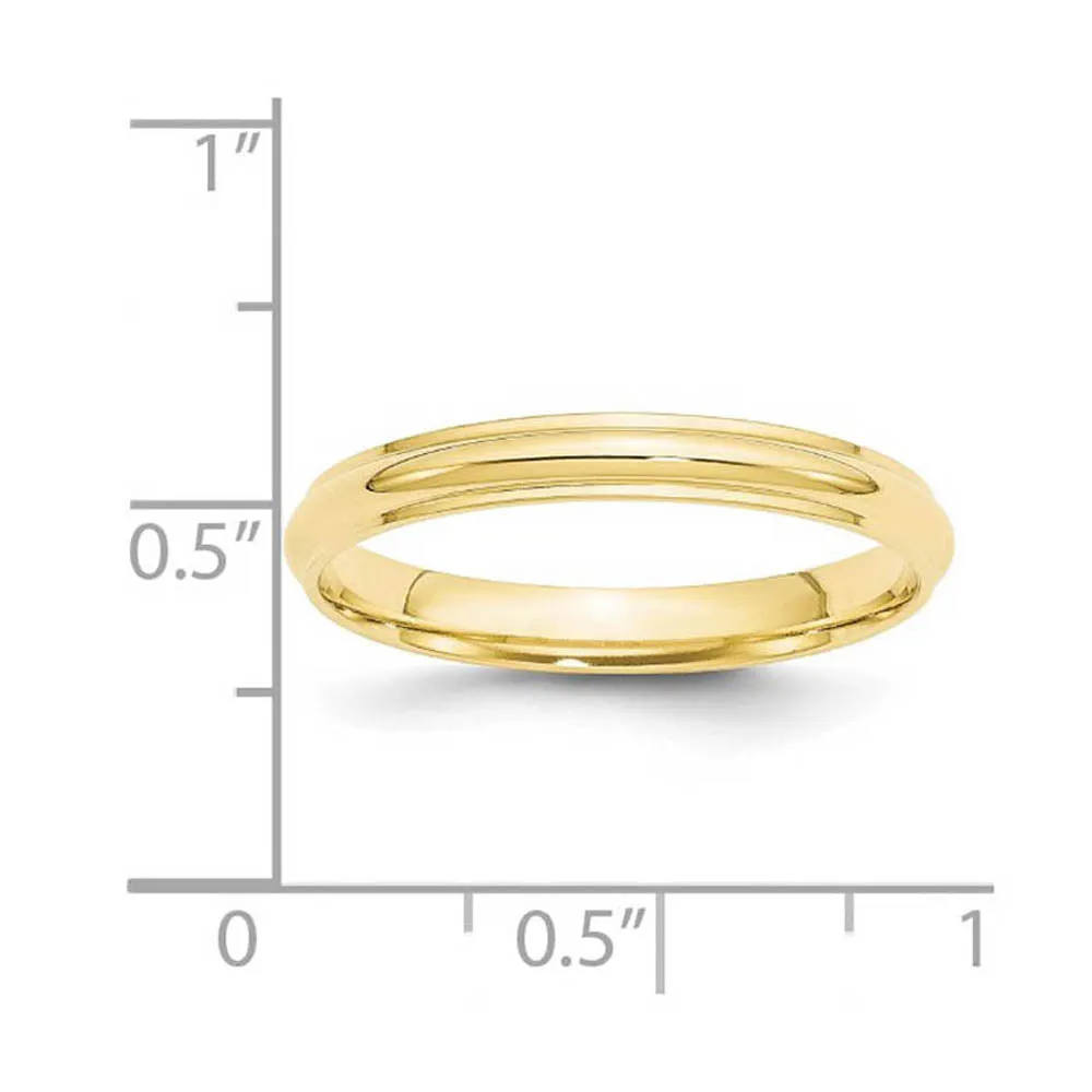 10K Yellow Gold Half Round Ridged Edge Band, Various Widths Available