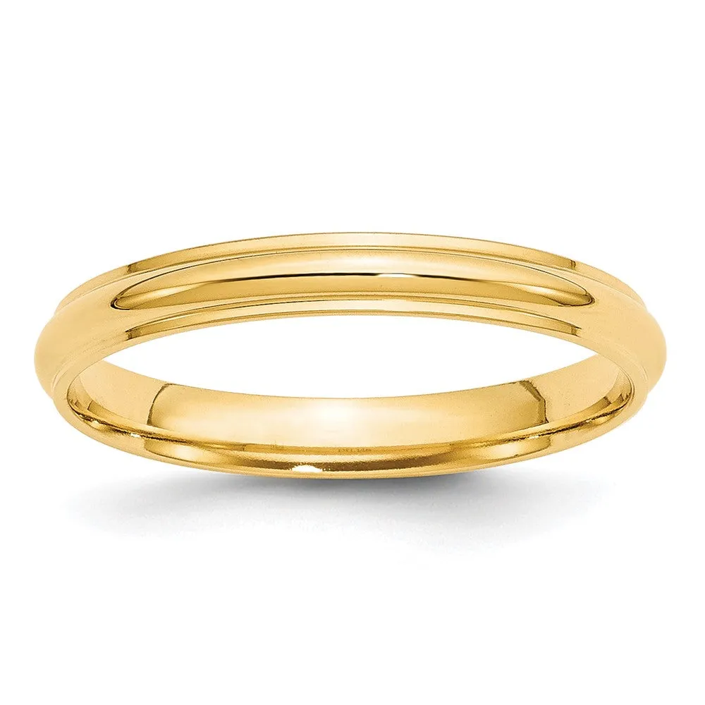 10K Yellow Gold Half Round Ridged Edge Band, Various Widths Available