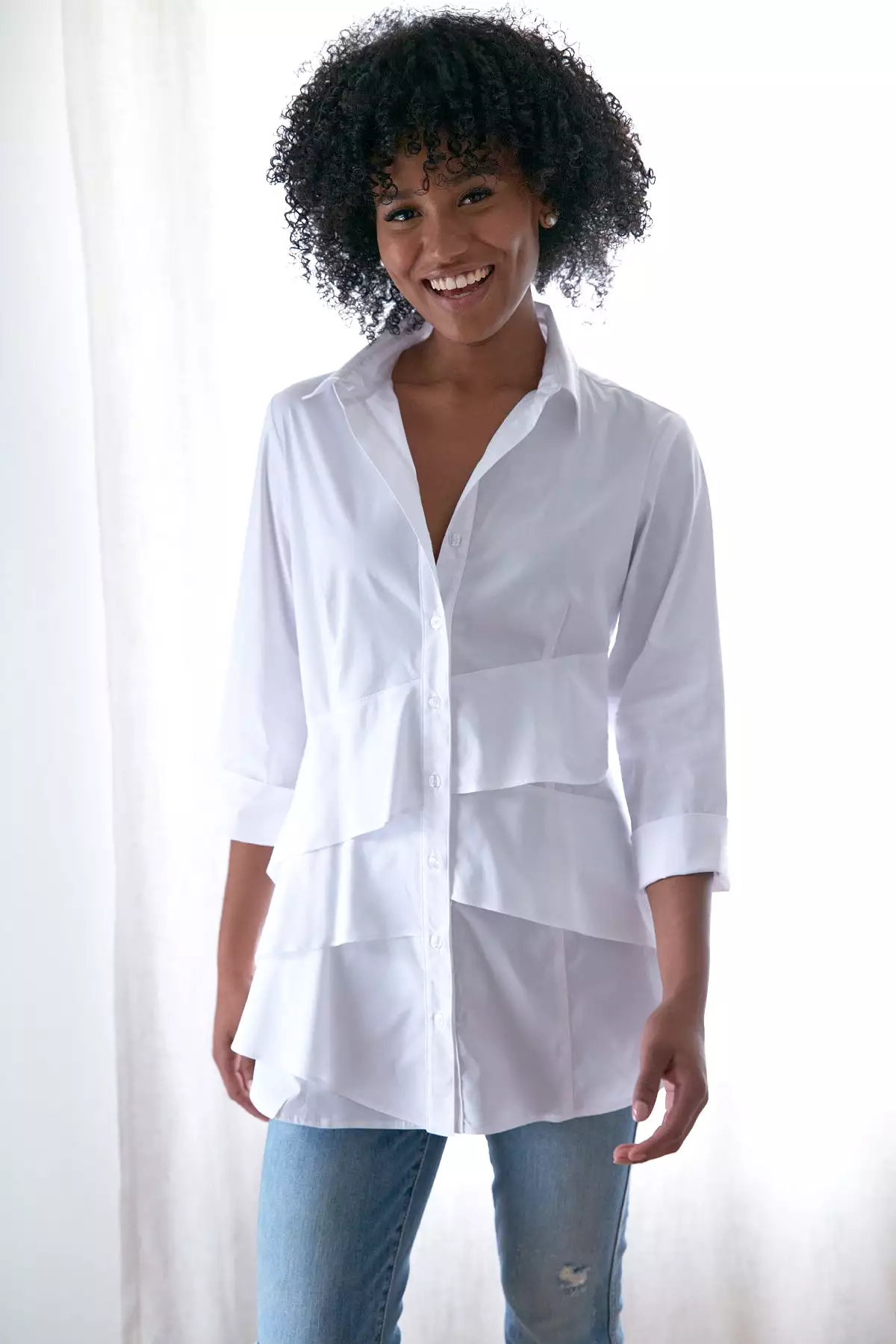 3/4 Sleeve Silky Poplin Jenna White Shirt - Shop Now!