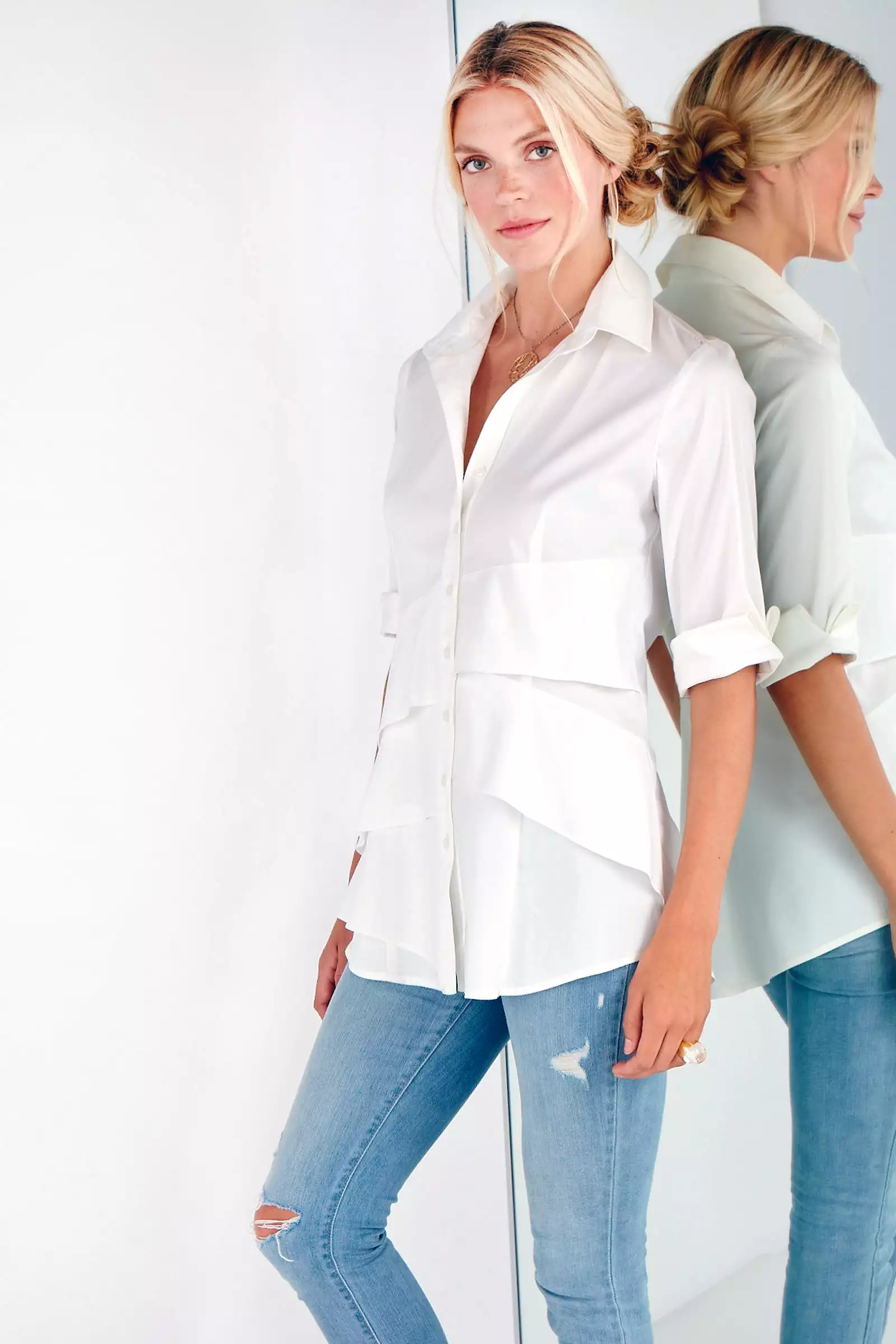 3/4 Sleeve Silky Poplin Jenna White Shirt - Shop Now!