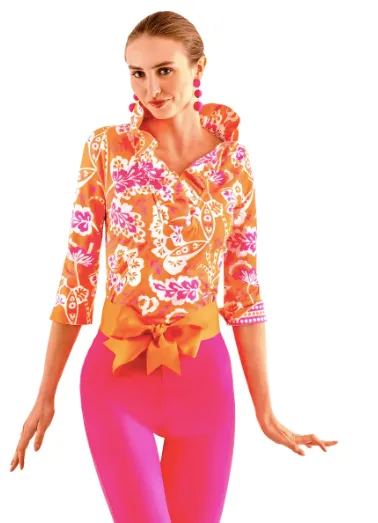 3/4 Sleeve Ruffneck Top Flora Pink/Orange