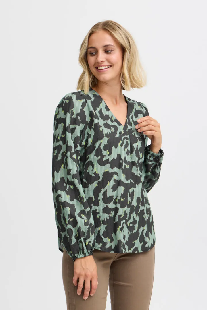 Long Sleeve V Neck Blouse Green Mix Fransa