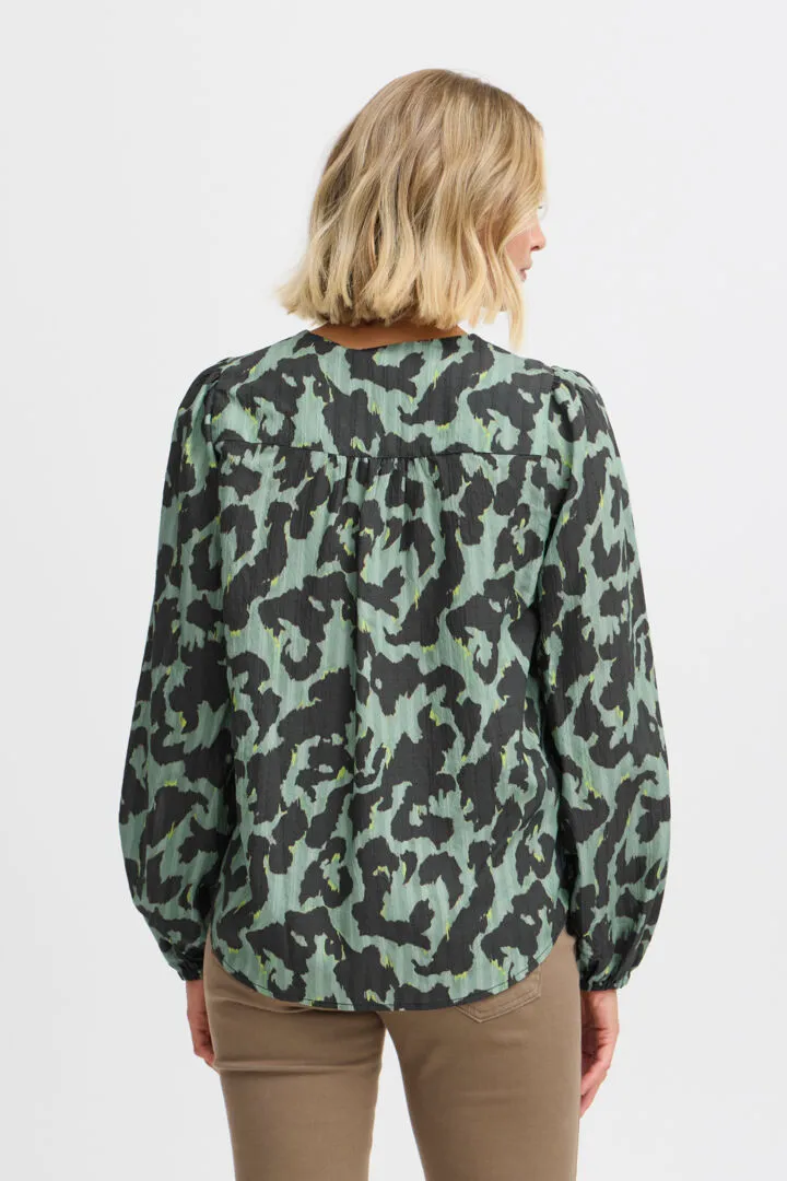 Long Sleeve V Neck Blouse Green Mix Fransa