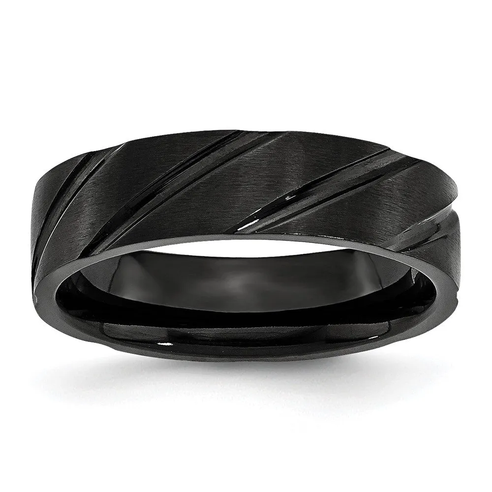 6mm Black Plated Titanium Brushed Grooved Band