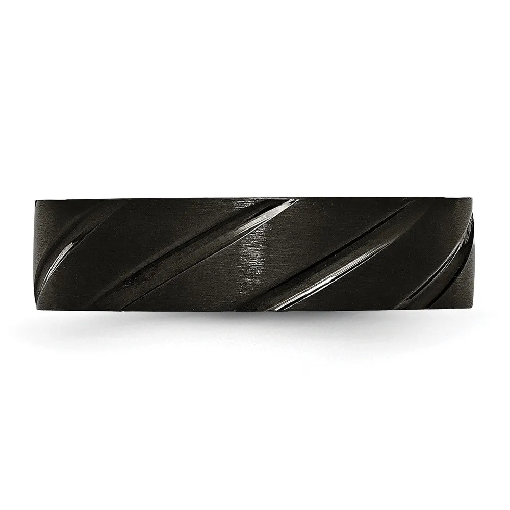 6mm Black Plated Titanium Brushed Grooved Band