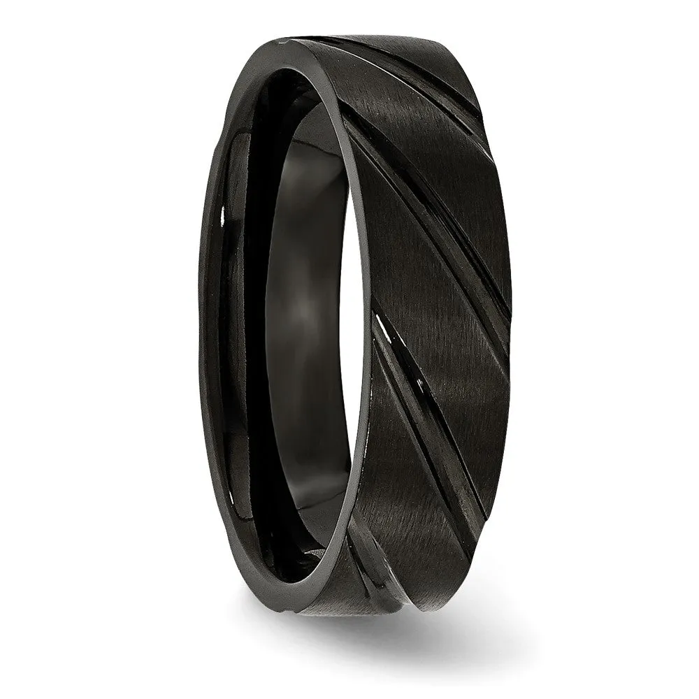 6mm Black Plated Titanium Brushed Grooved Band