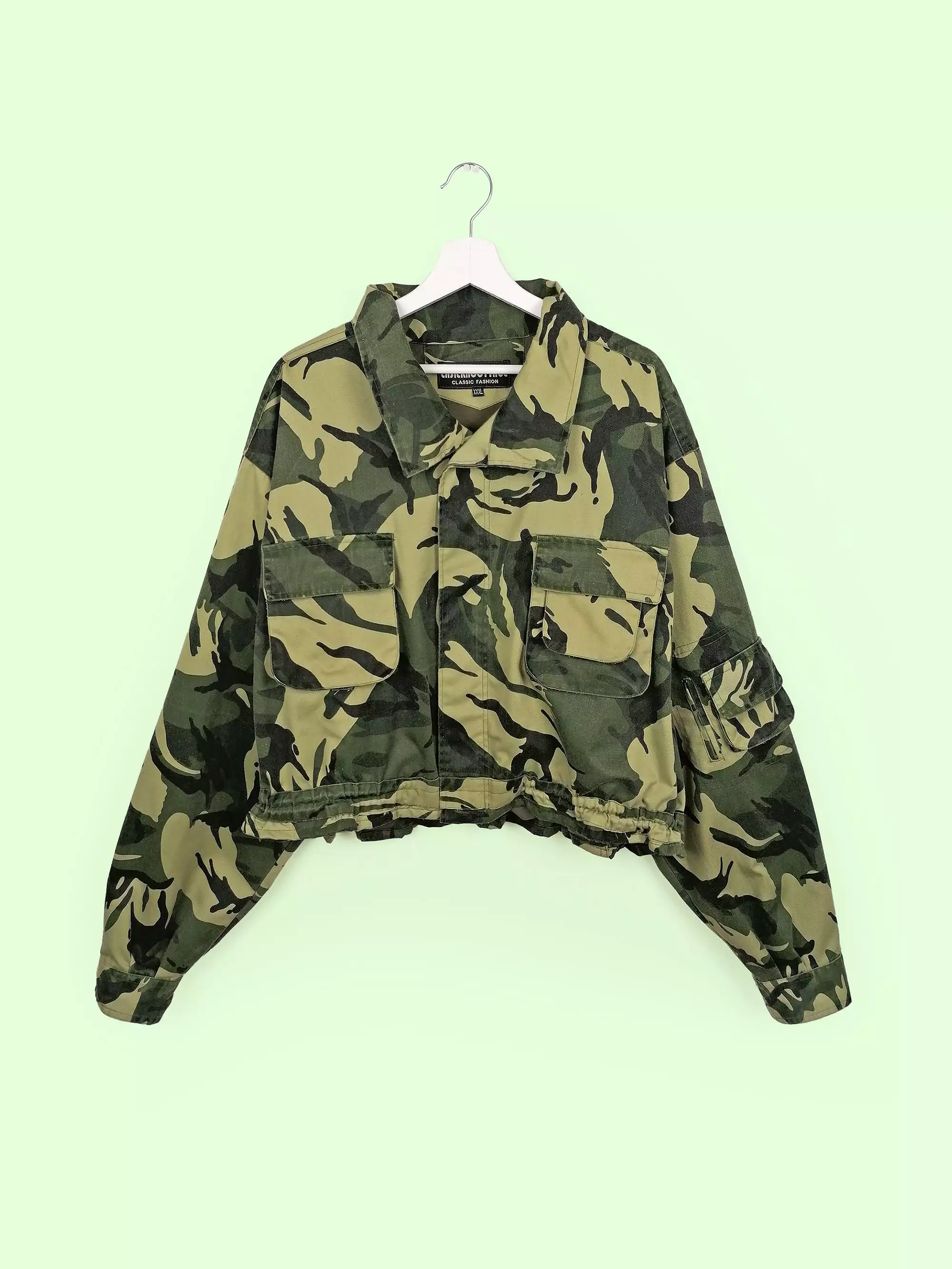 90s Camo Green Oversized Cropped Army Jacket XXL