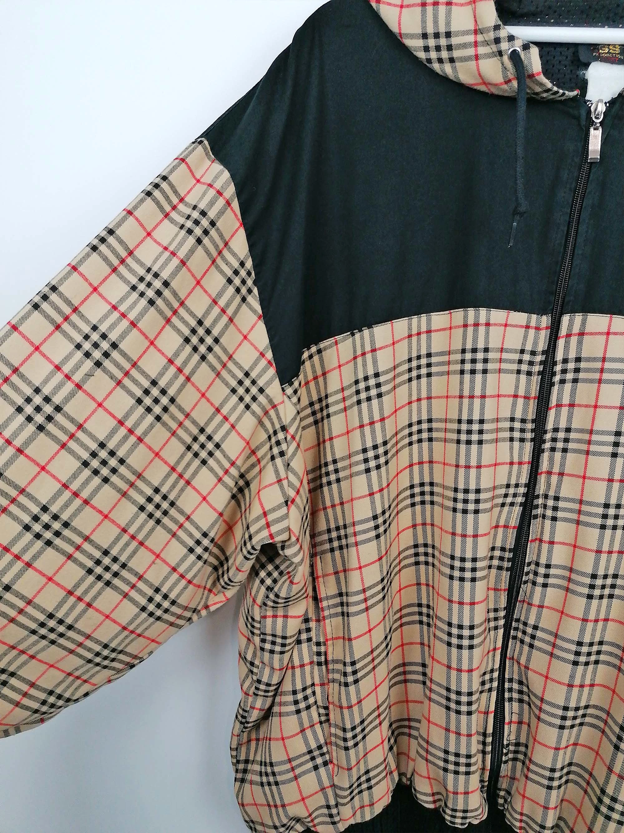 90s Y2K plaid check oversized lightweight bomber jacket with hood XXL