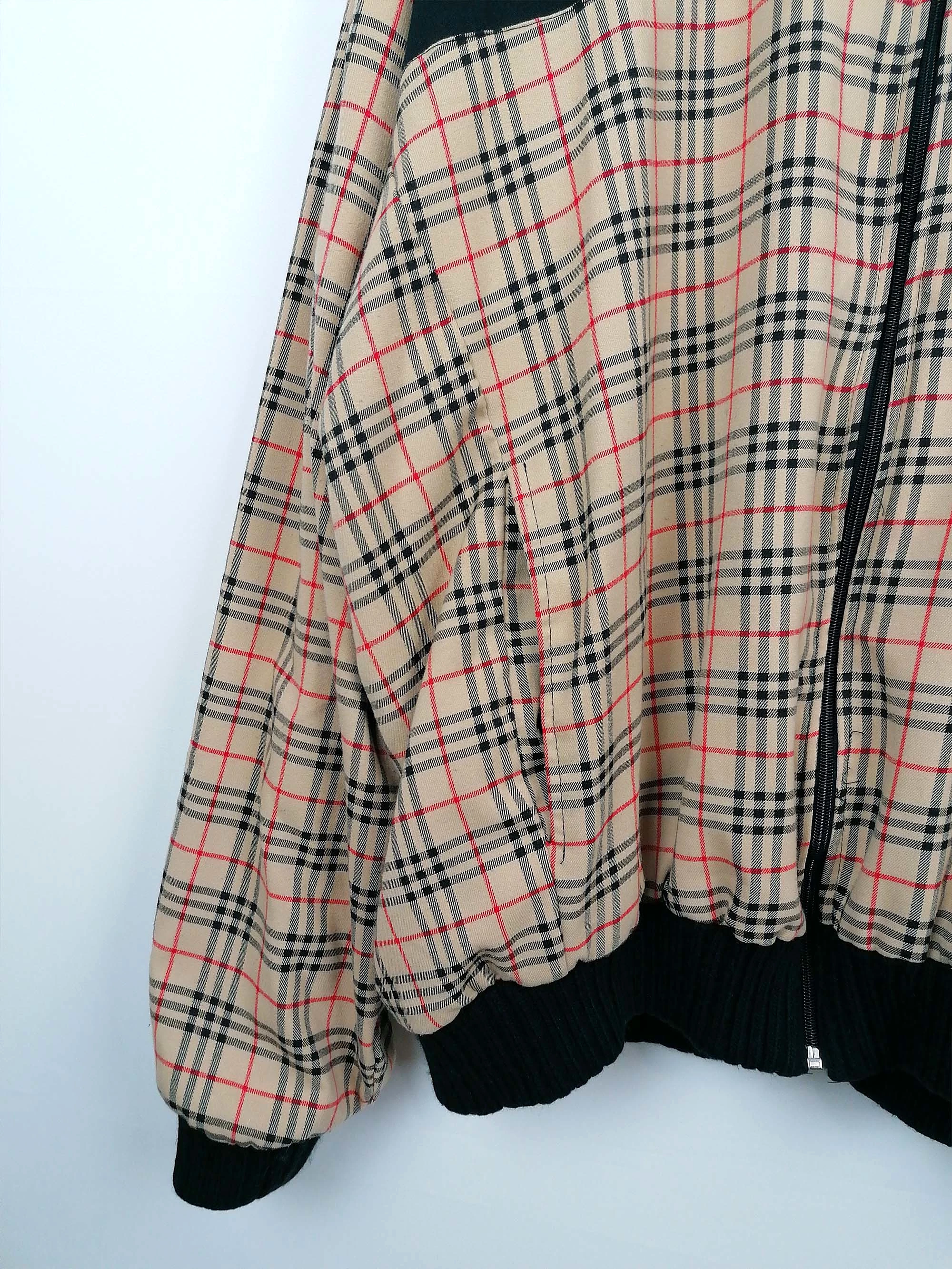 90s Y2K plaid check oversized lightweight bomber jacket with hood XXL