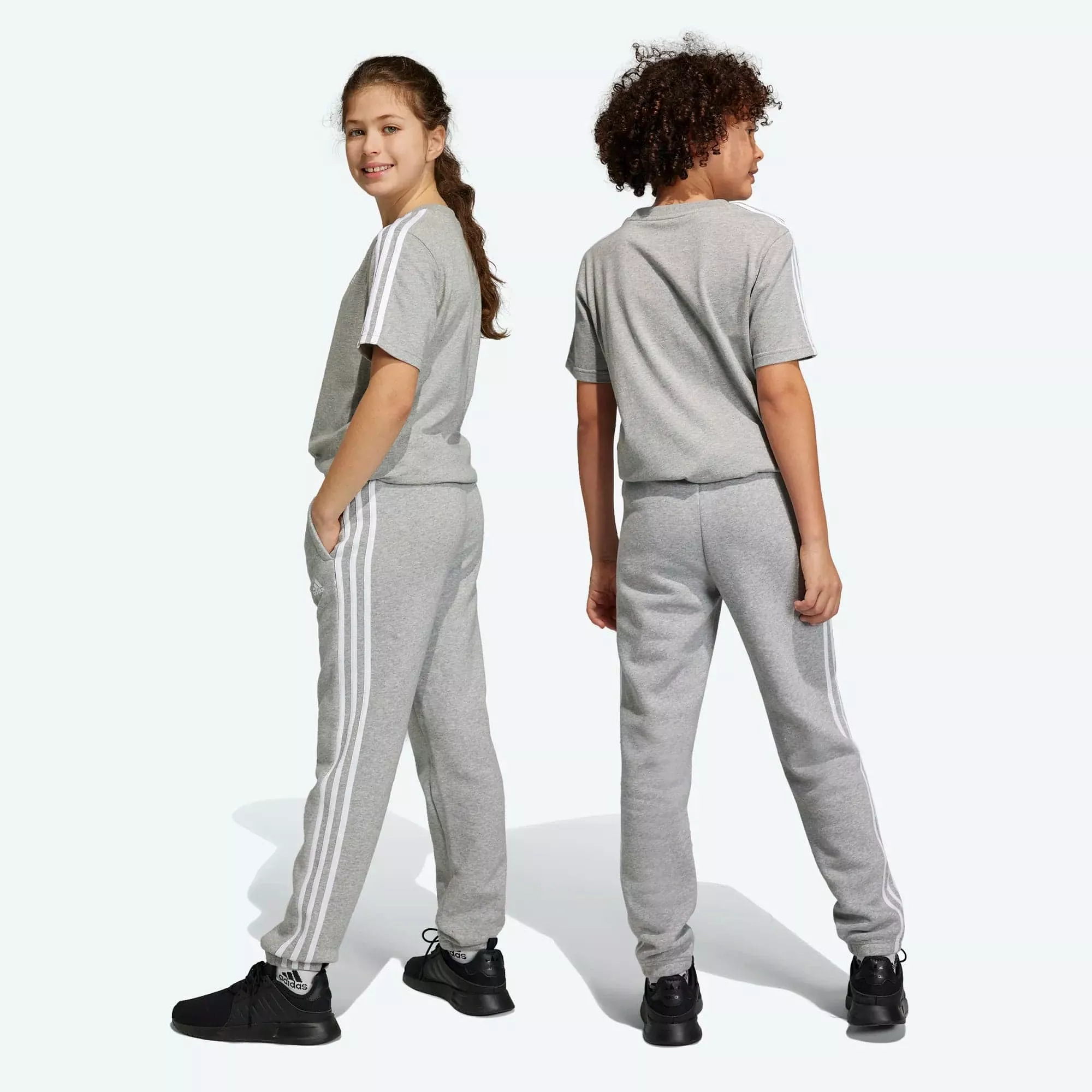 Adidas Kids 3 Stripe Grey Fleece Trackpants