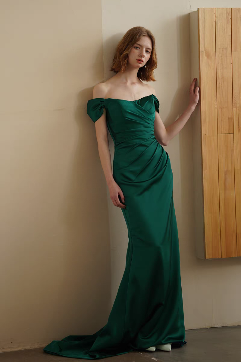 Agatha Satin Mermaid Gown - Off Shoulder Design in 2 Color Options.