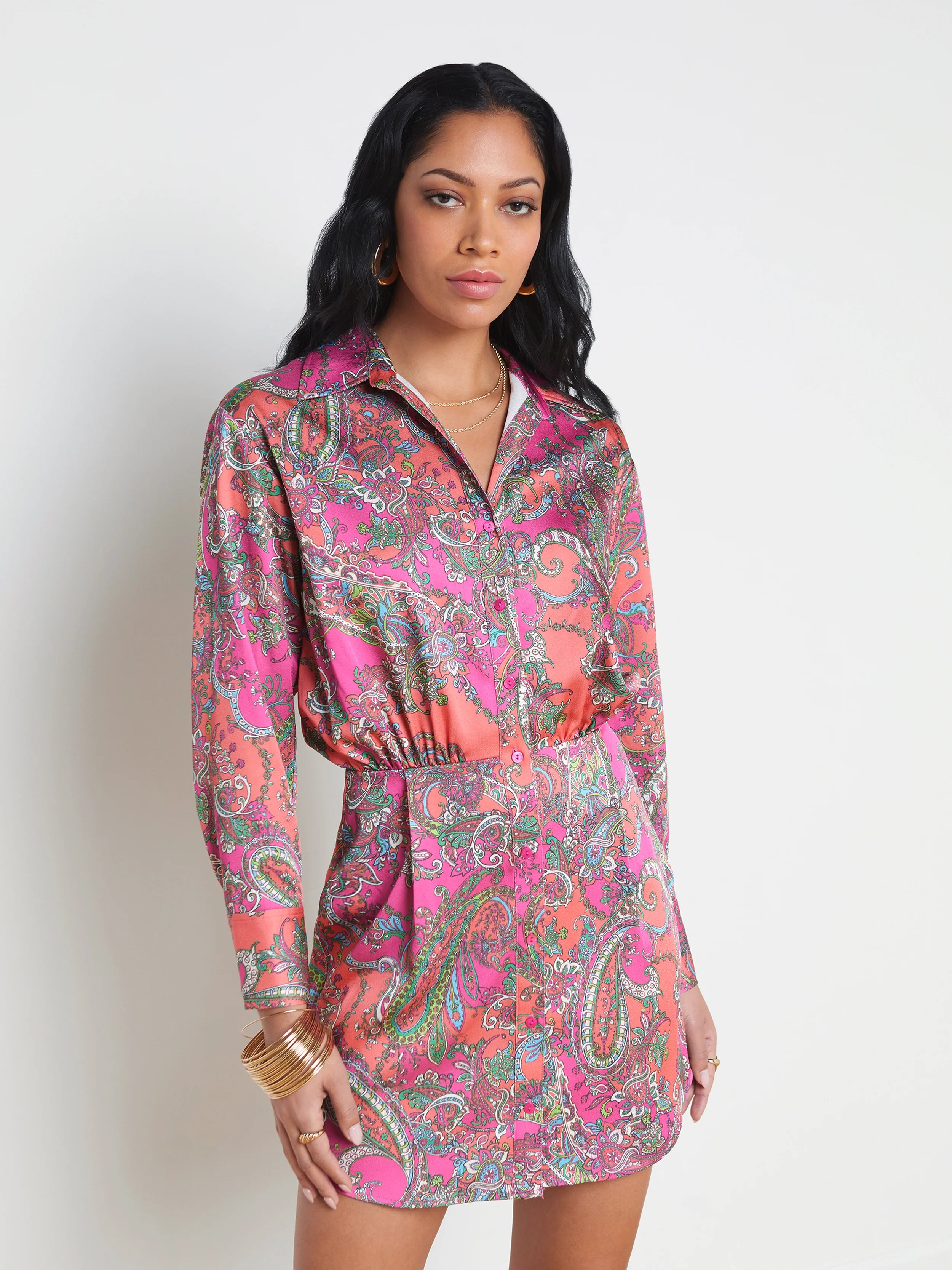 Agency - Demetria Mini Shirt Dress - Rhodamine Multi Bright Pop Paisley