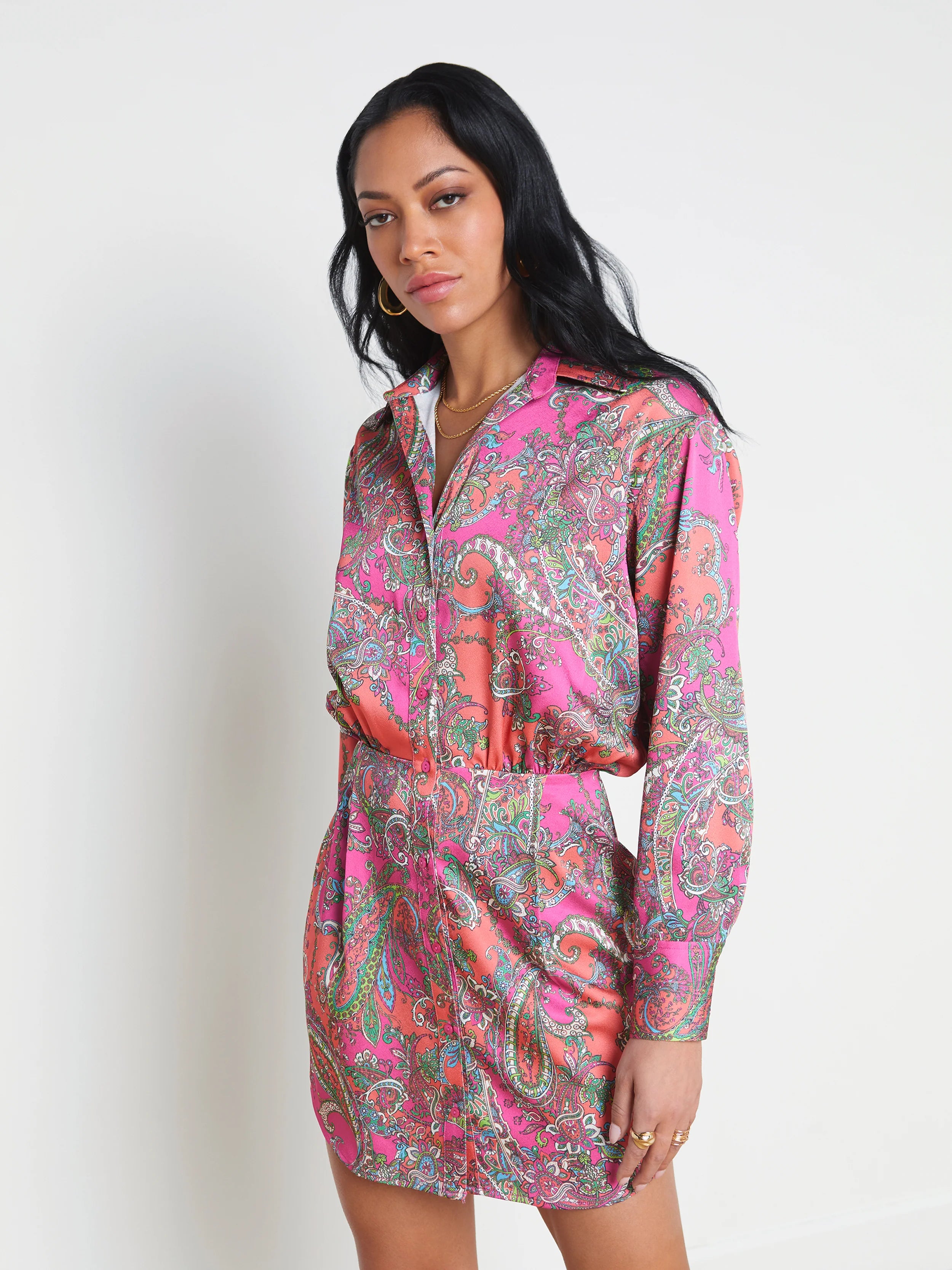 Agency - Demetria Mini Shirt Dress - Rhodamine Multi Bright Pop Paisley