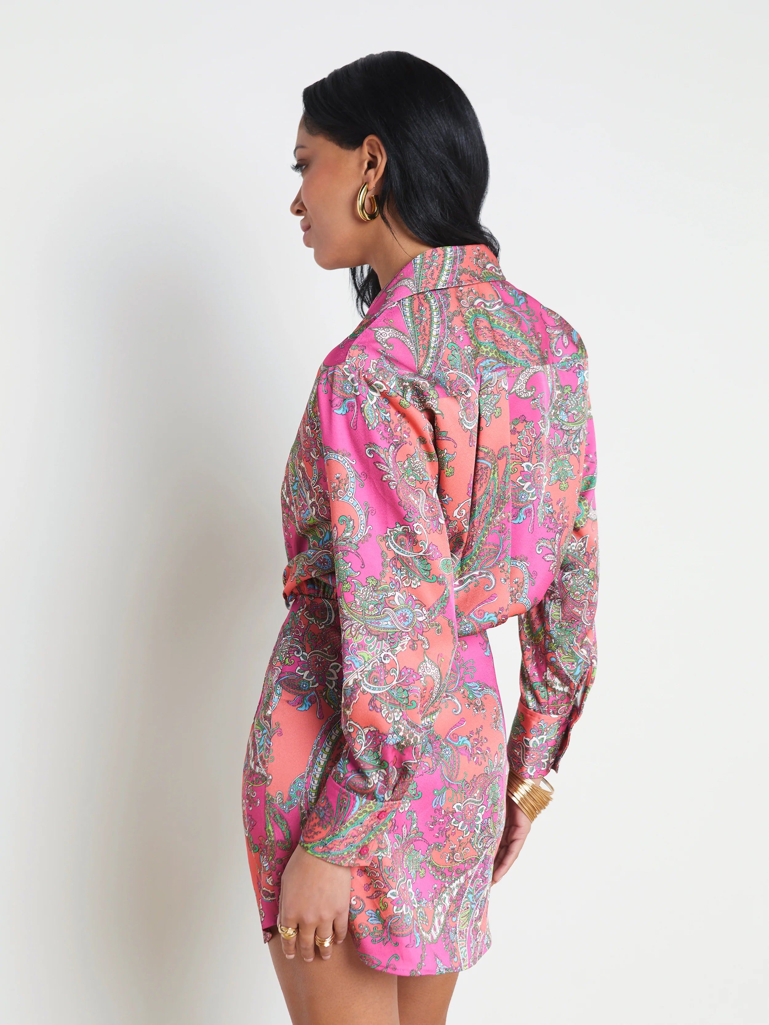 Agency - Demetria Mini Shirt Dress - Rhodamine Multi Bright Pop Paisley