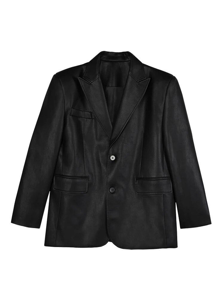 Ashore Autumn Women's Soft Pu Leather Blazer in Black Brown, with Shoulder Pads