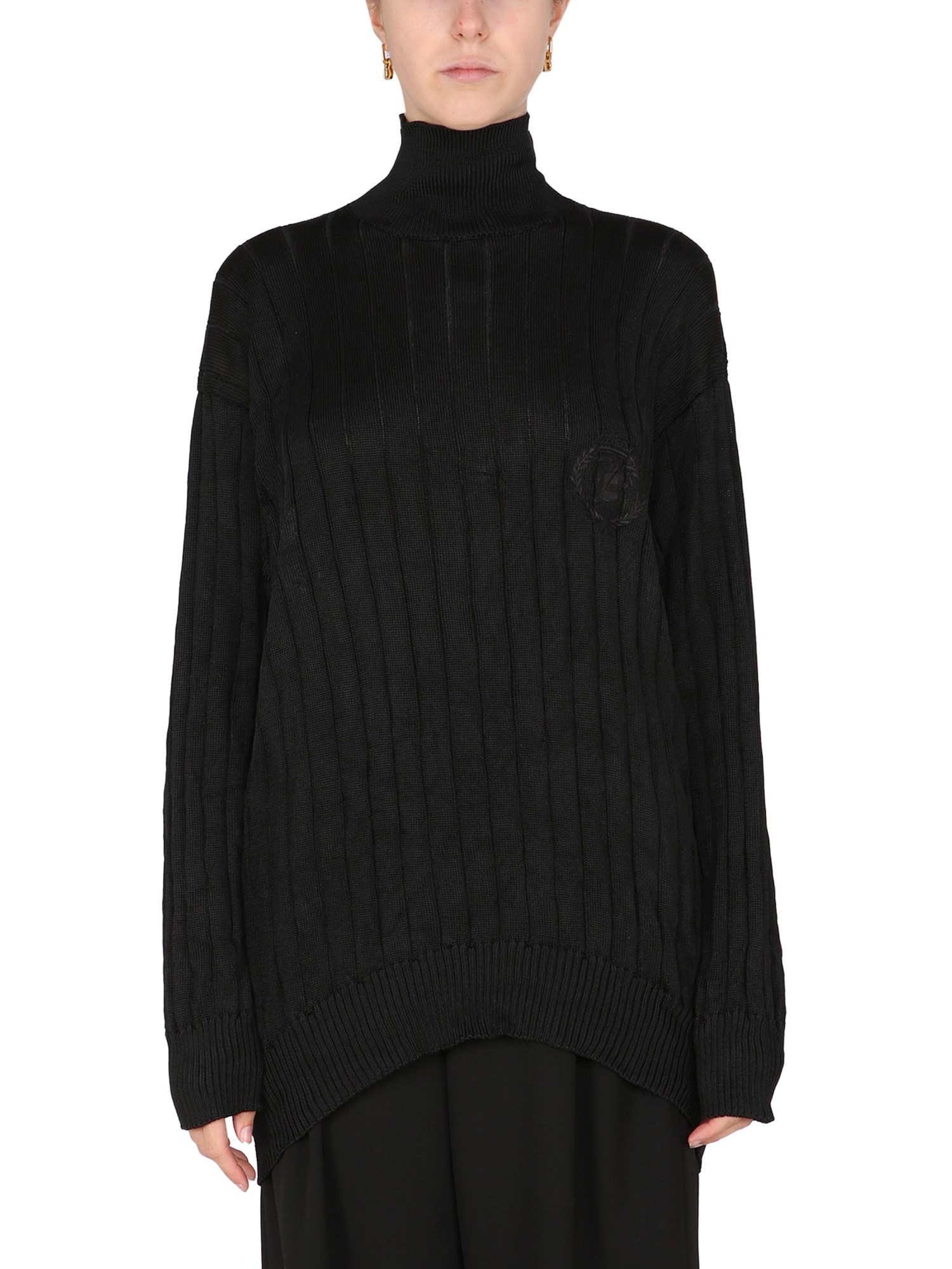 BALENCIAGA OVERSIZED MOCK NECK PULLOVER RIBBED SILK KNIT