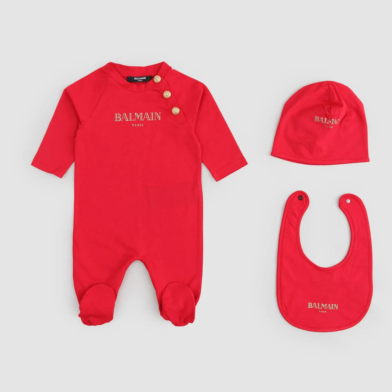 Red Balmain Infant Gift Set - Romper, Hat, and Bib