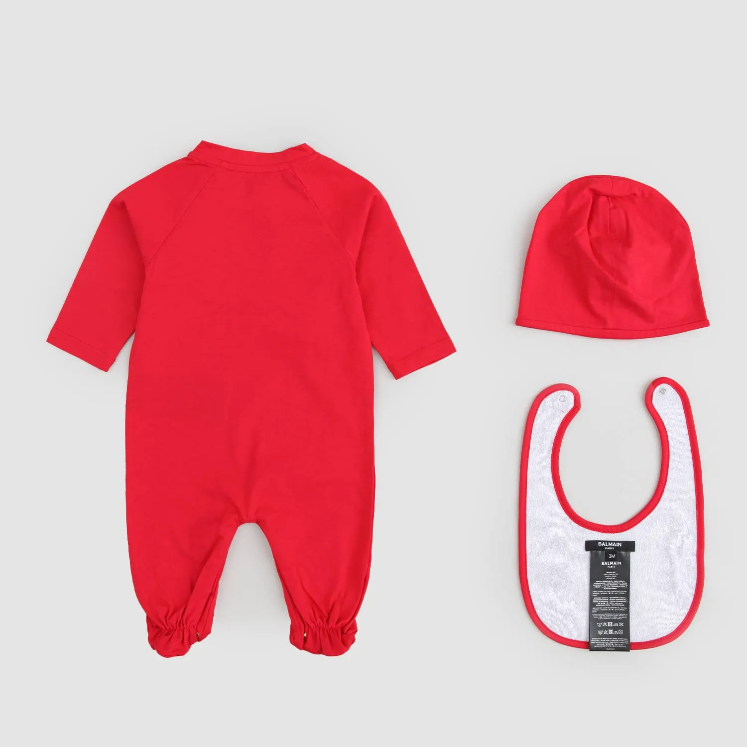 Red Balmain Infant Gift Set - Romper, Hat, and Bib