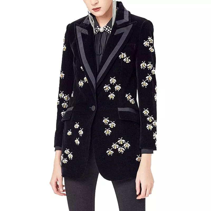 Bees Beaded Velvet Blazer Women, Casual Printed