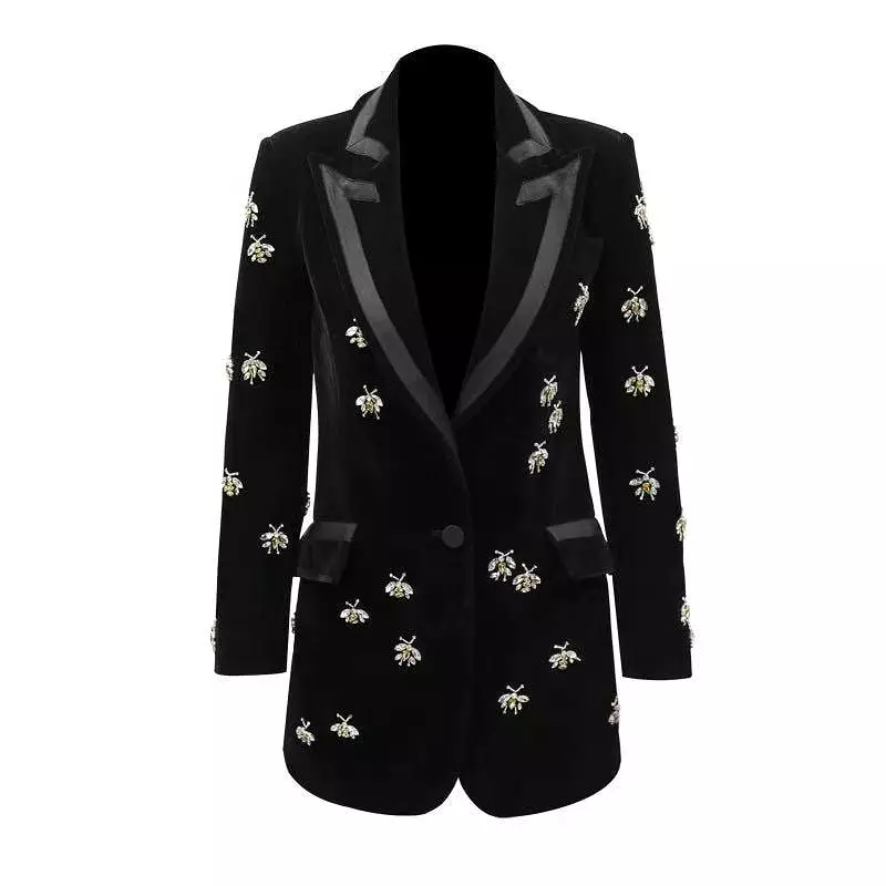 Bees Beaded Velvet Blazer Women, Casual Printed