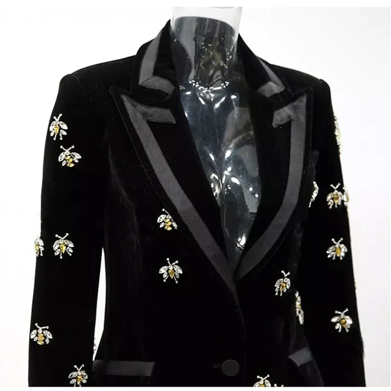 Bees Beaded Velvet Blazer Women, Casual Printed