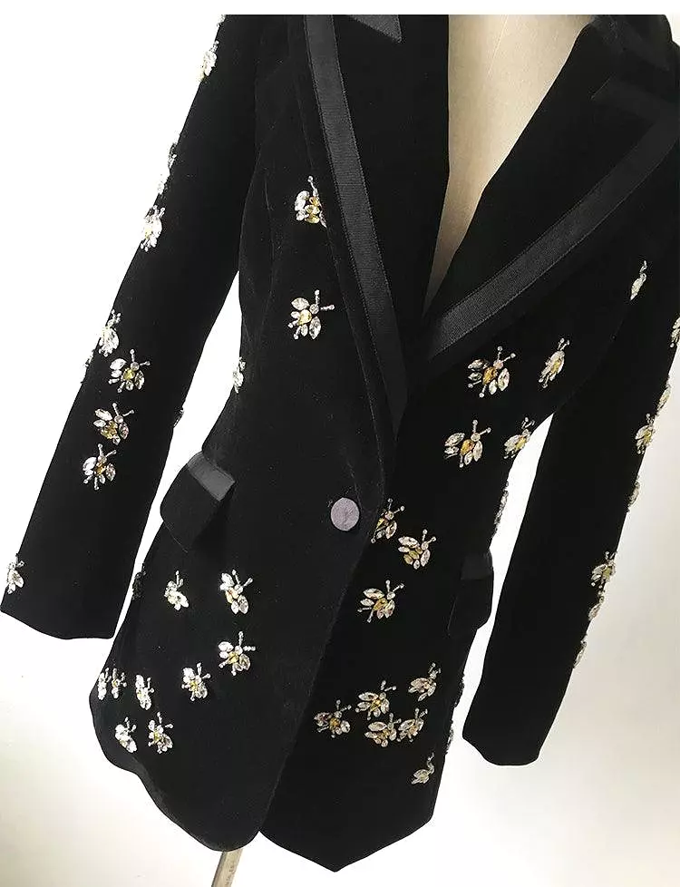 Bees Beaded Velvet Blazer Women, Casual Printed