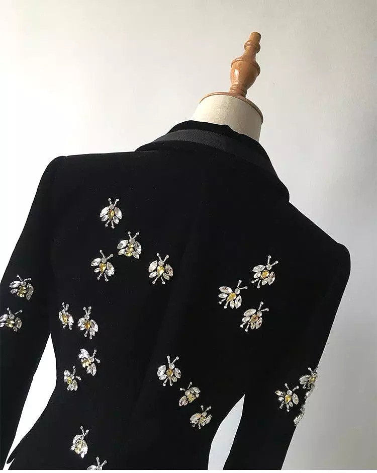 Bees Beaded Velvet Blazer Women, Casual Printed