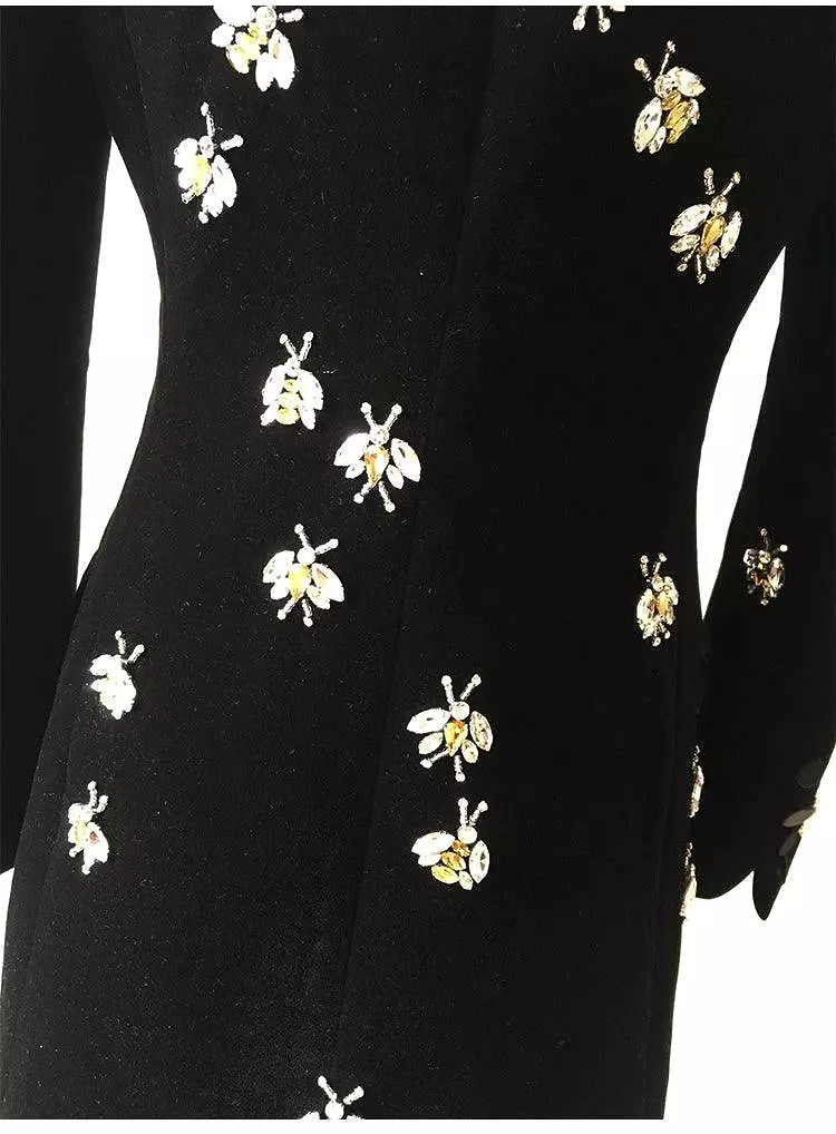 Bees Beaded Velvet Blazer Women, Casual Printed