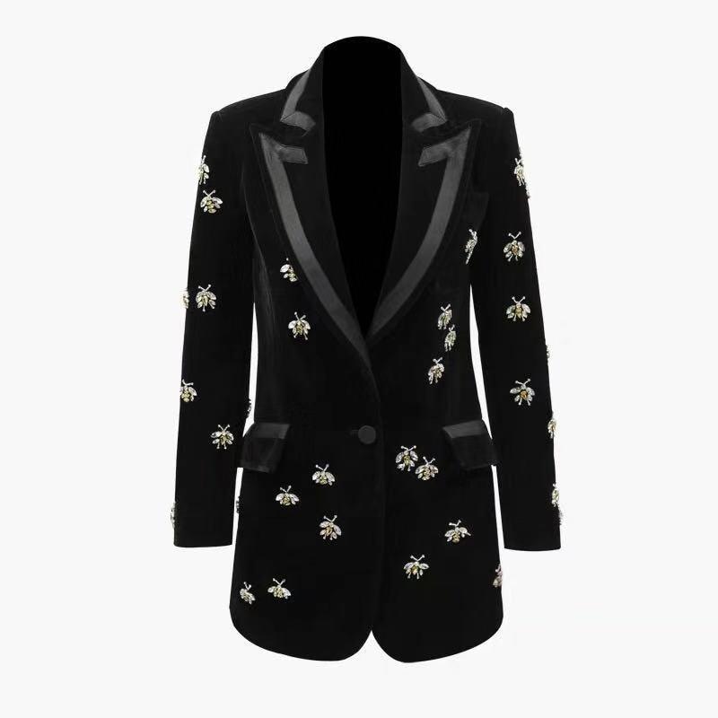 Bees print velvet blazer women, casual beaded jacket