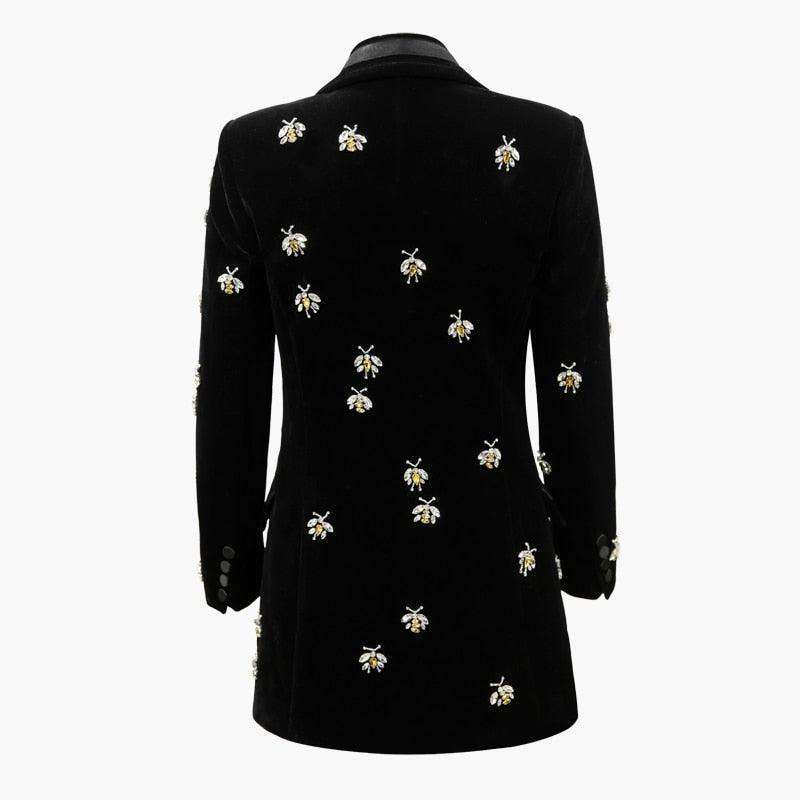 Bees print velvet blazer women, casual beaded jacket