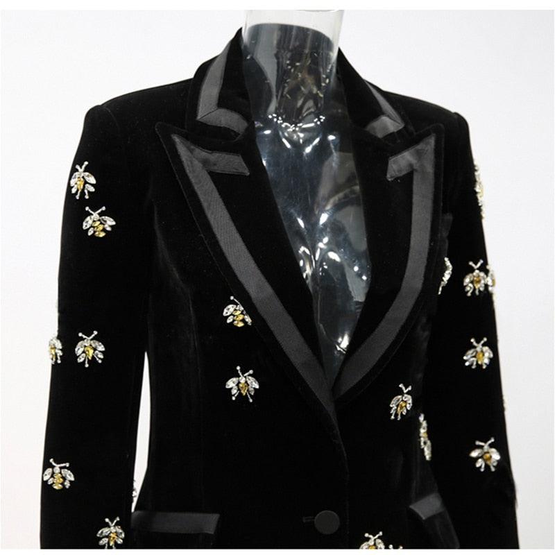 Bees print velvet blazer women, casual beaded jacket