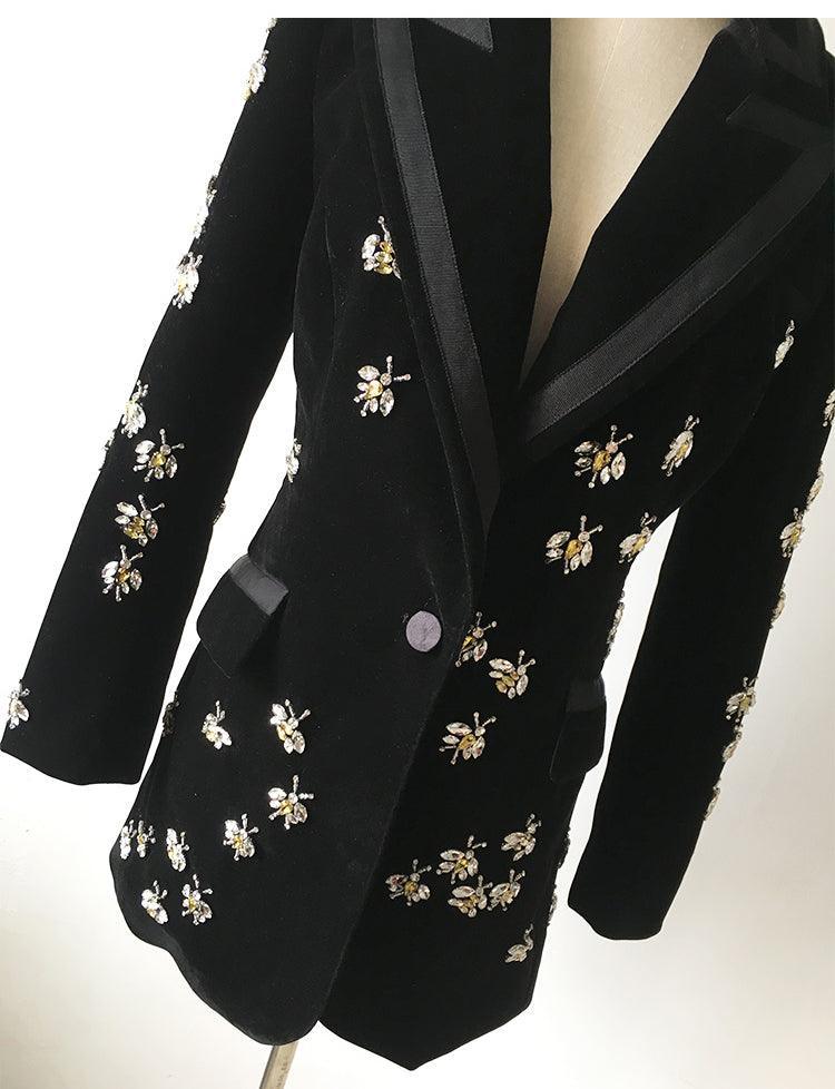 Bees print velvet blazer women, casual beaded jacket