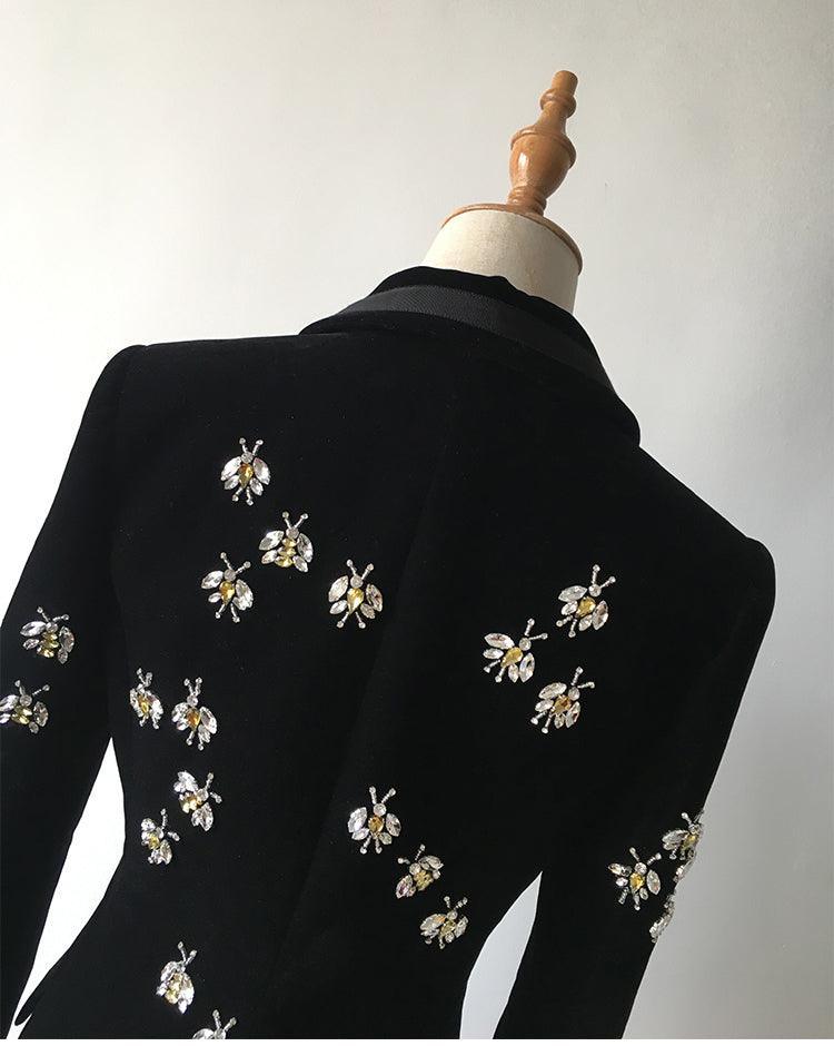 Bees print velvet blazer women, casual beaded jacket