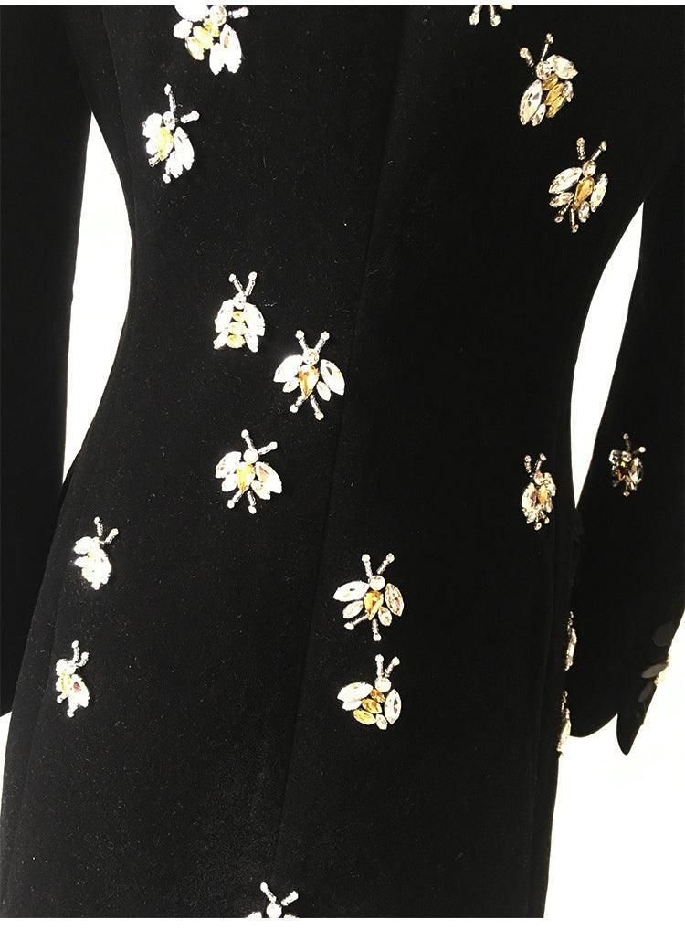 Bees print velvet blazer women, casual beaded jacket