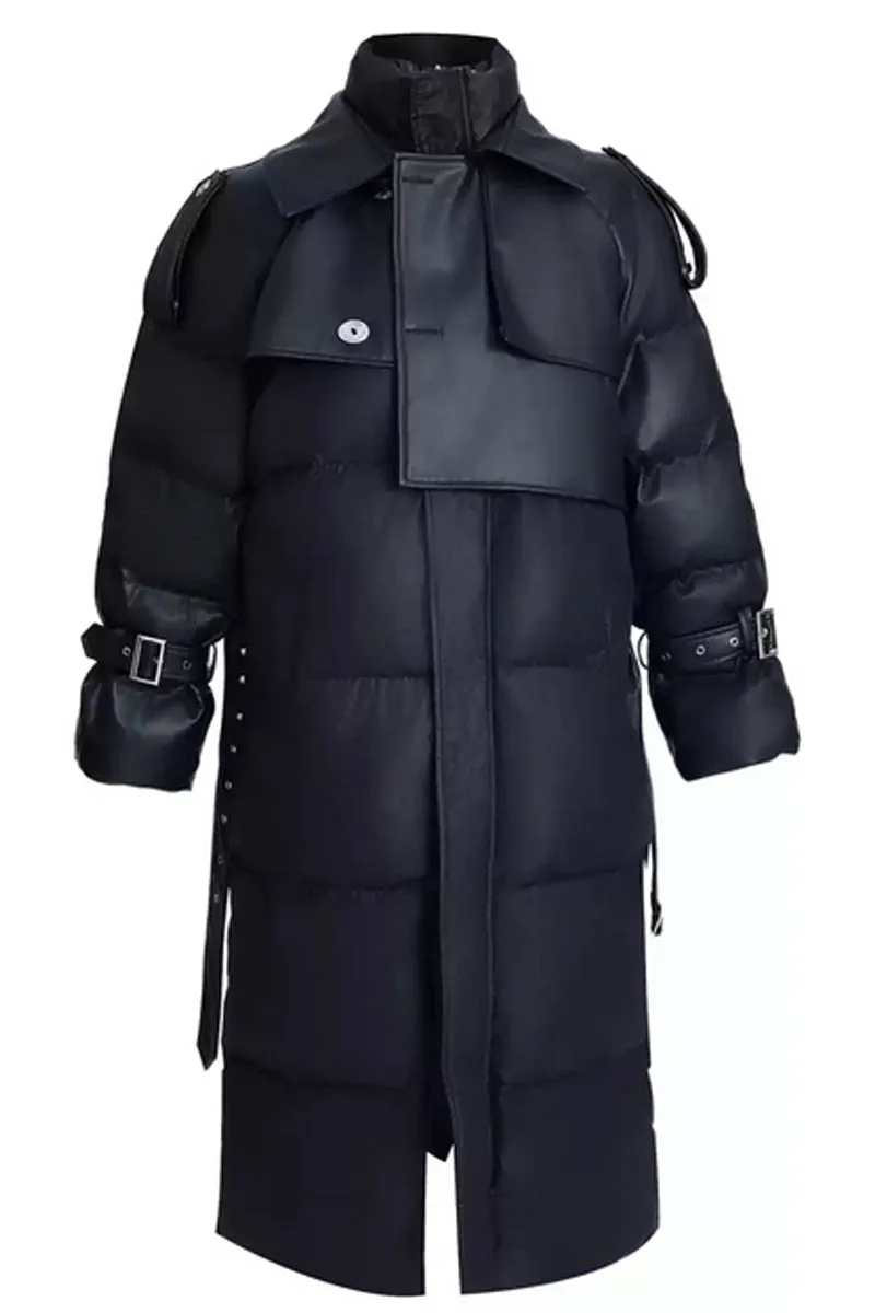 Belted Patchwork Long Puffer Coat