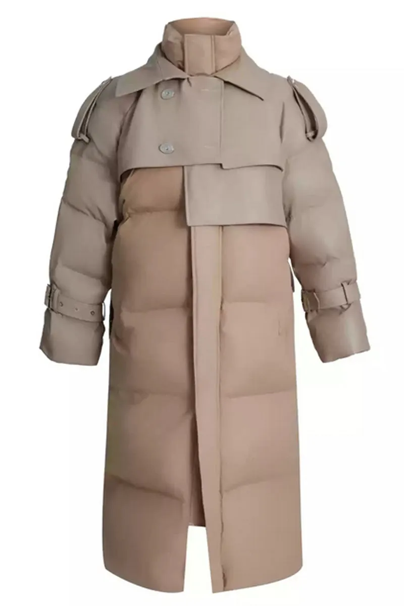 Belted Patchwork Long Puffer Coat