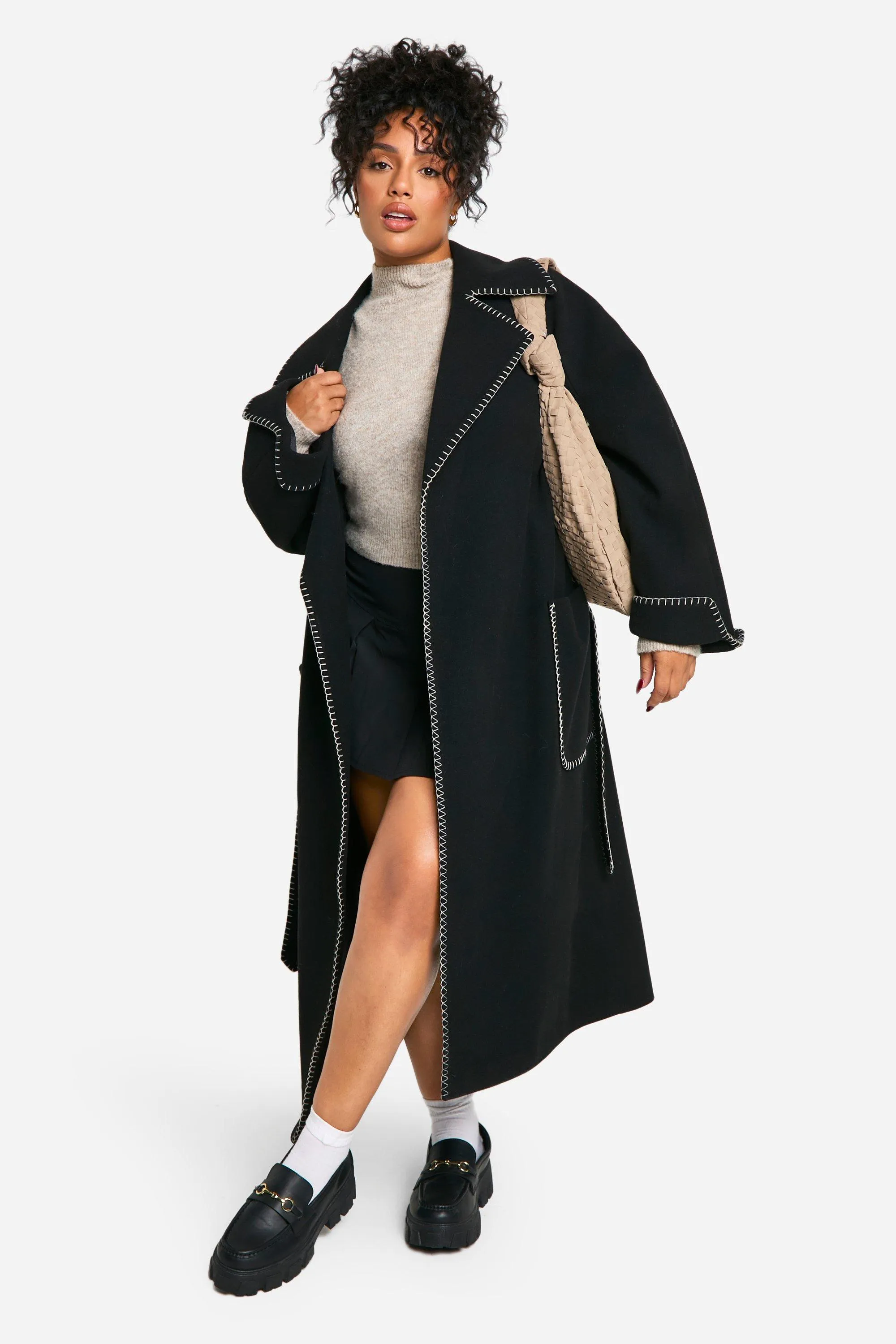 Belted Wool Look Coat with Contrast Stitch for Plus Sizes