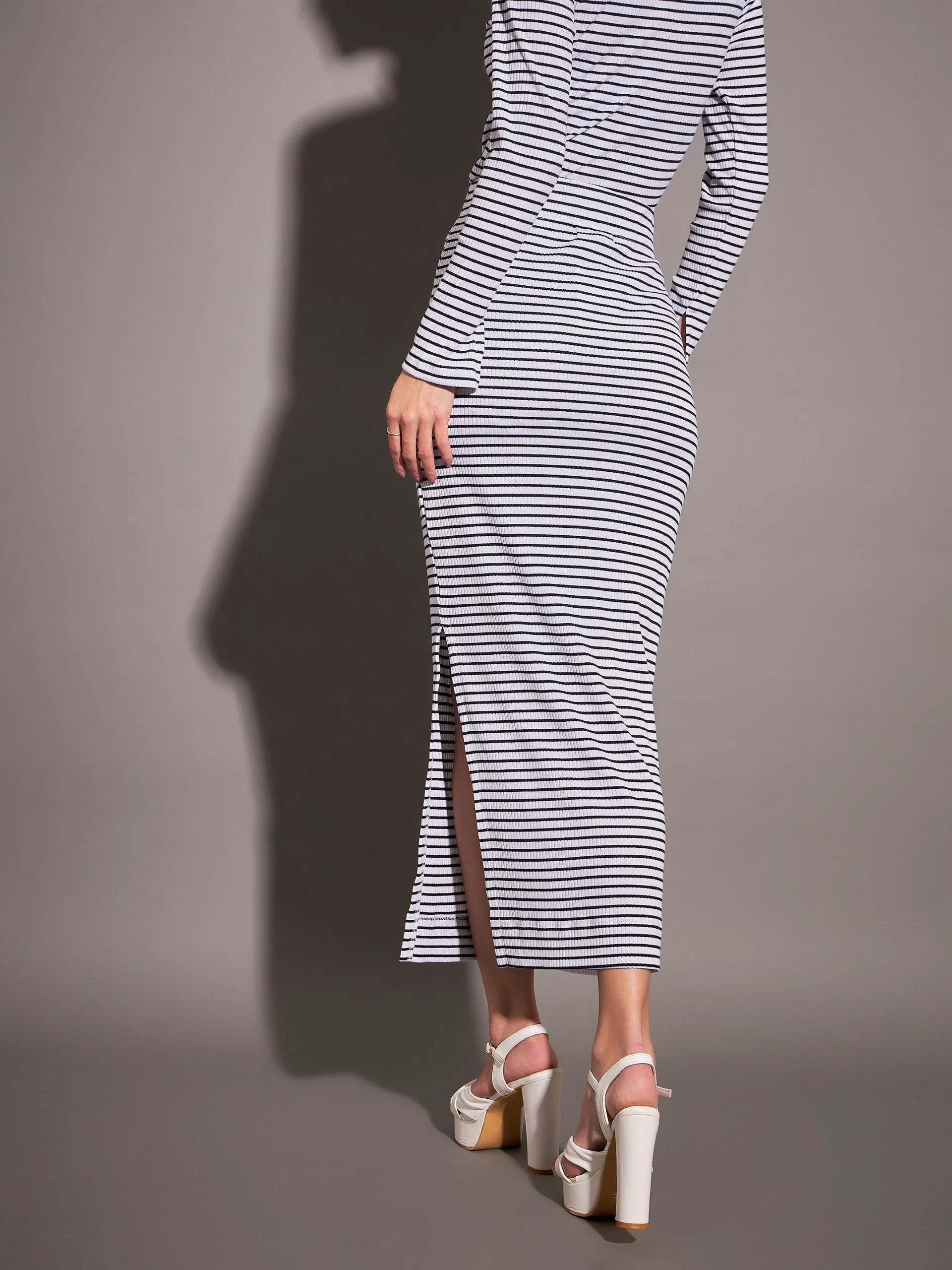 Black & White Striped Rib Pencil Skirt for Women