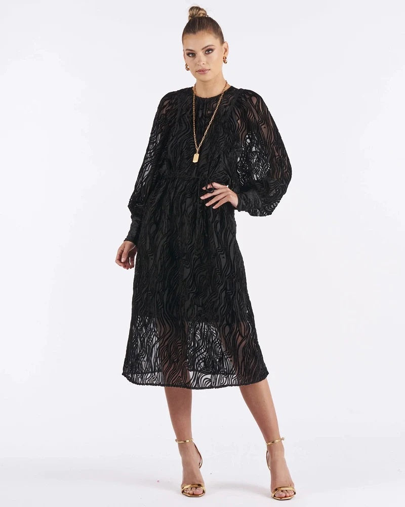 Black Embossed Midi Dress