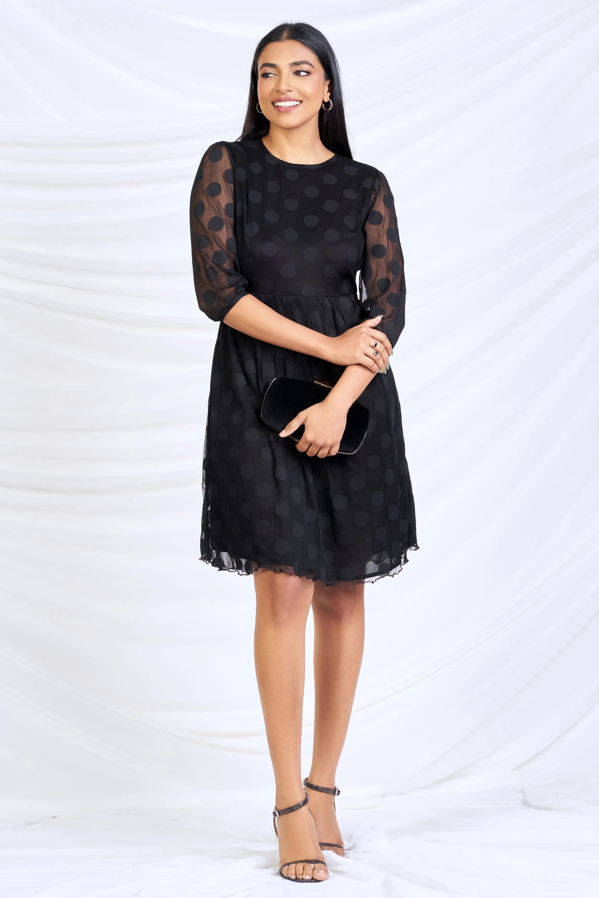 Black Lace Polka Dot Skater Dress - Fitted Silhouette