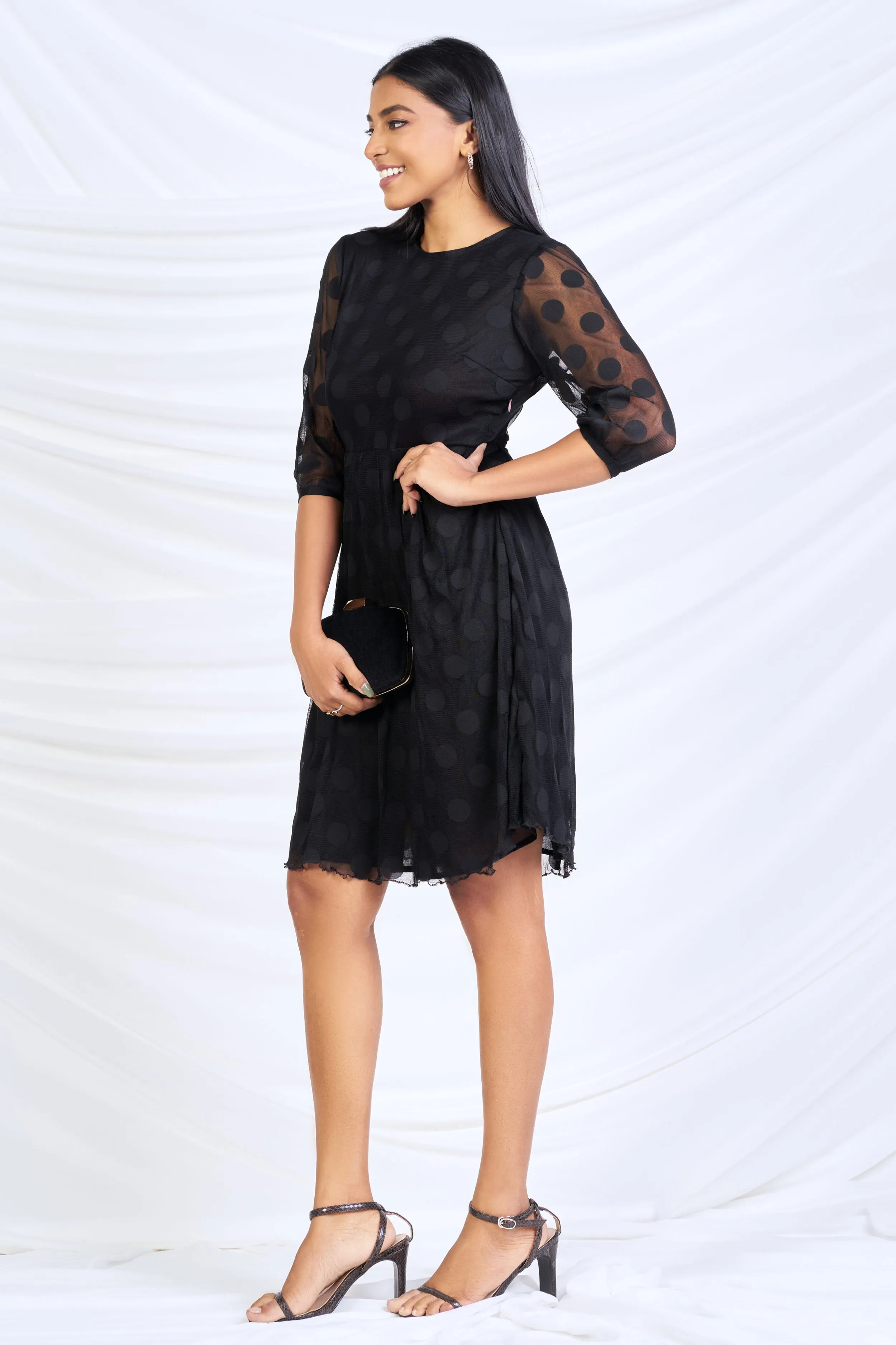 Black Lace Polka Dot Skater Dress - Fitted Silhouette