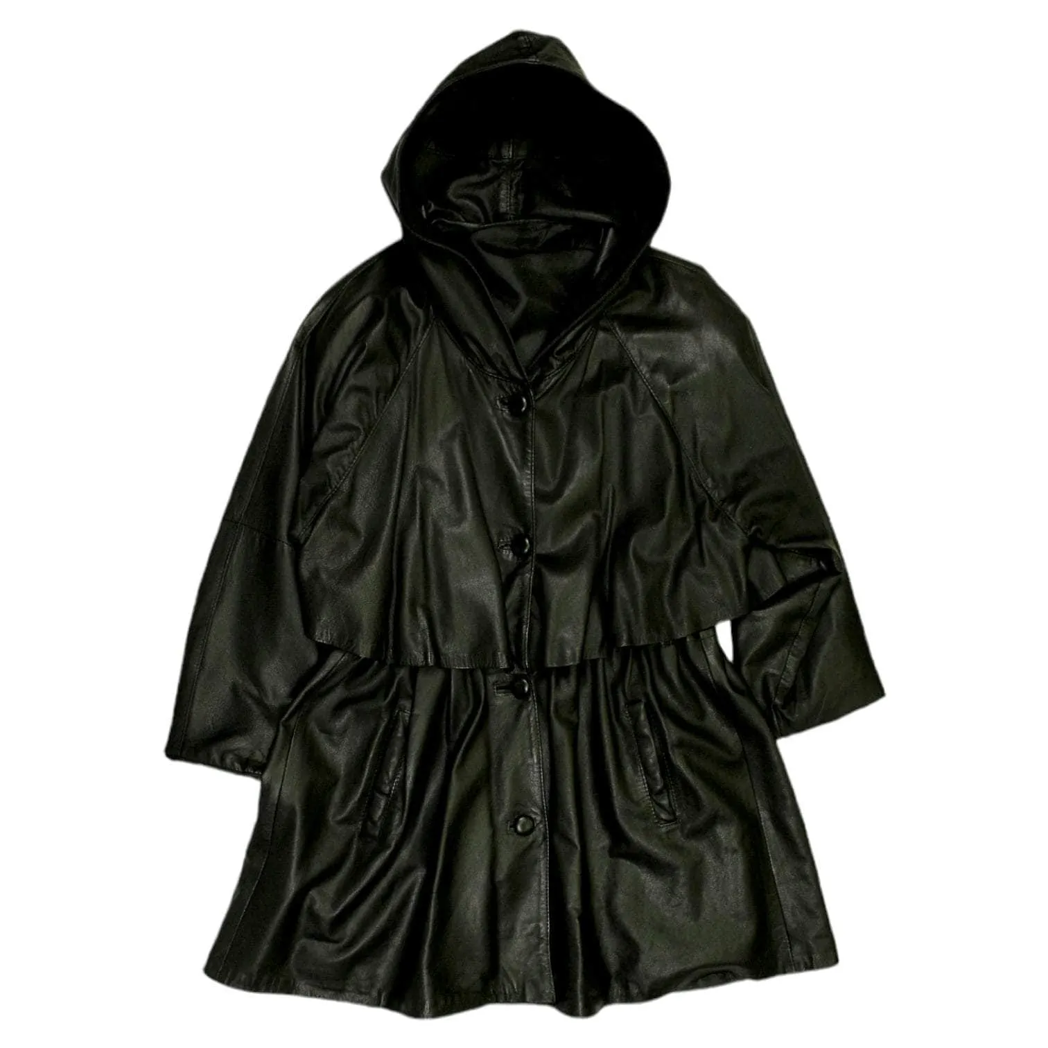 Black Leather Hooded Coat Vintage