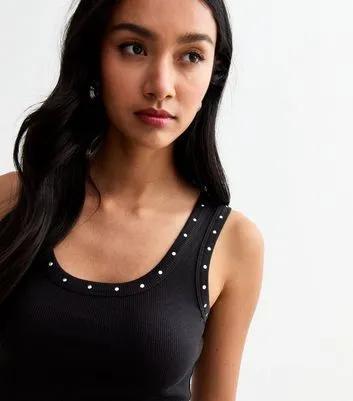 New Look Black Ribbed Vest with Stud Embellishments