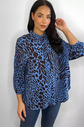 Blue Animal Print Chiffon Shirt Blouse