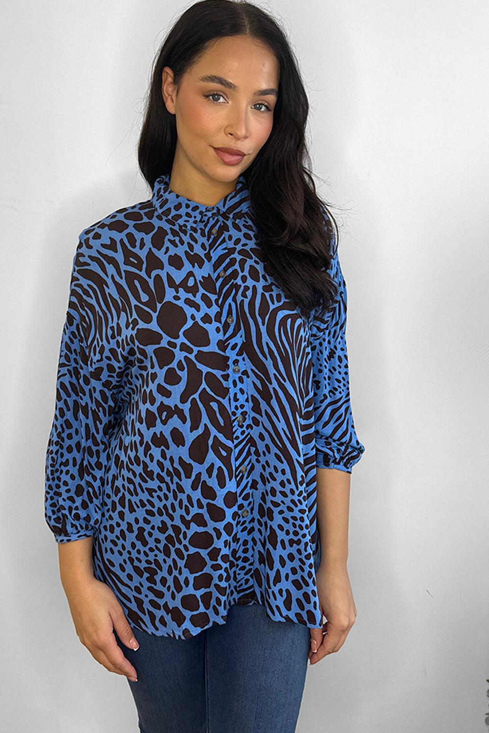 Blue Animal Print Chiffon Shirt Blouse