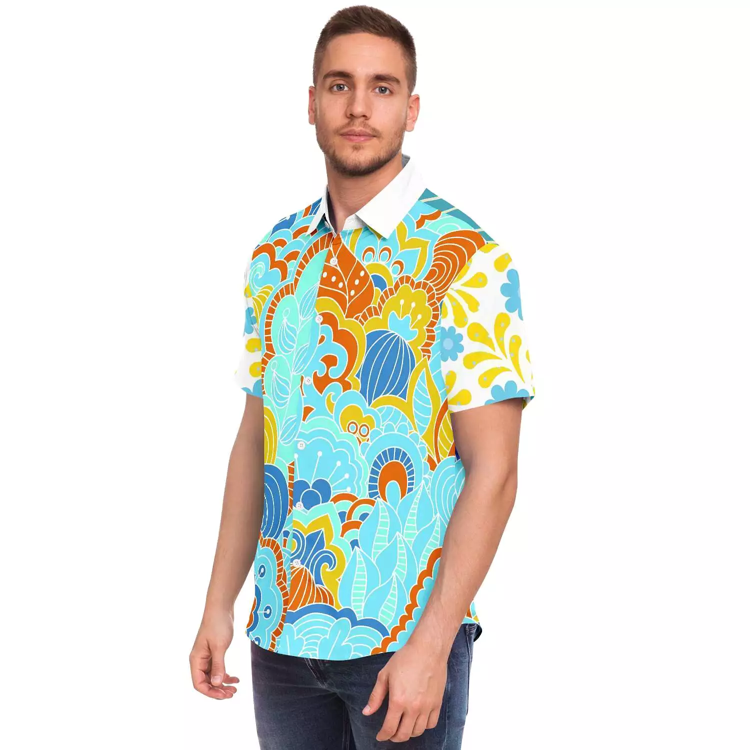 Blue Men's Short Sleeve Button Down Shirt