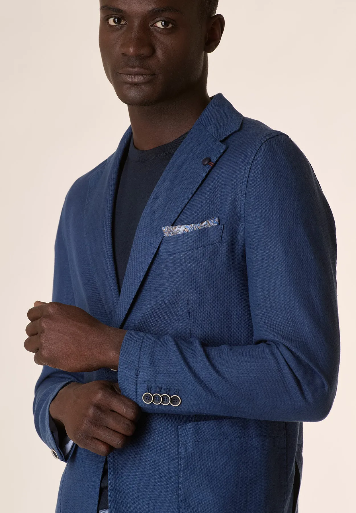 Blue cotton-linen custom fit jacket