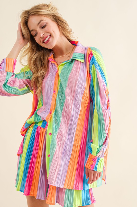 Blue Rainbow Pleated Shirt and Shorts Set