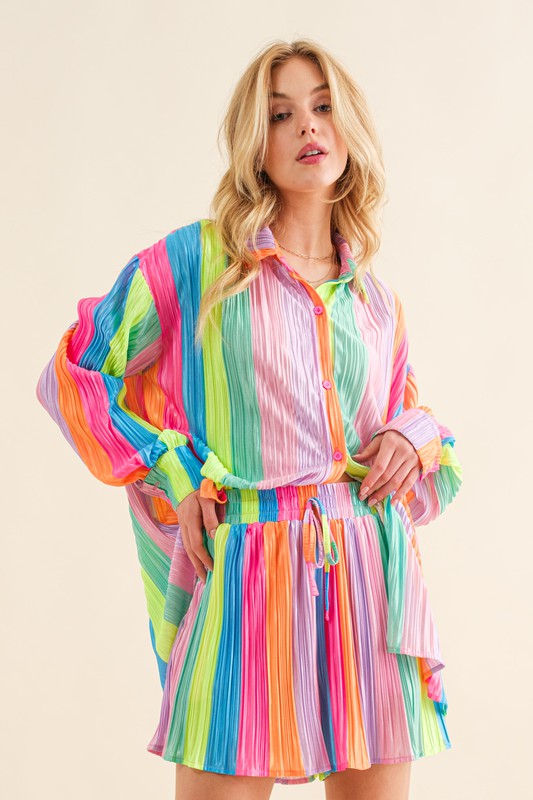 Blue Rainbow Pleated Shirt and Shorts Set